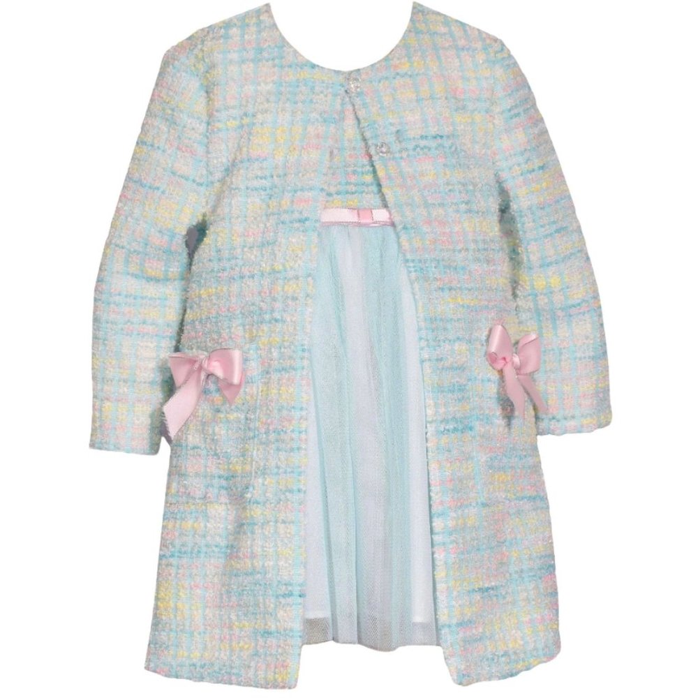 NEW Bonnie Jean Girls 12M-6X Aqua Boucle Spring Easter Dress Coat Set